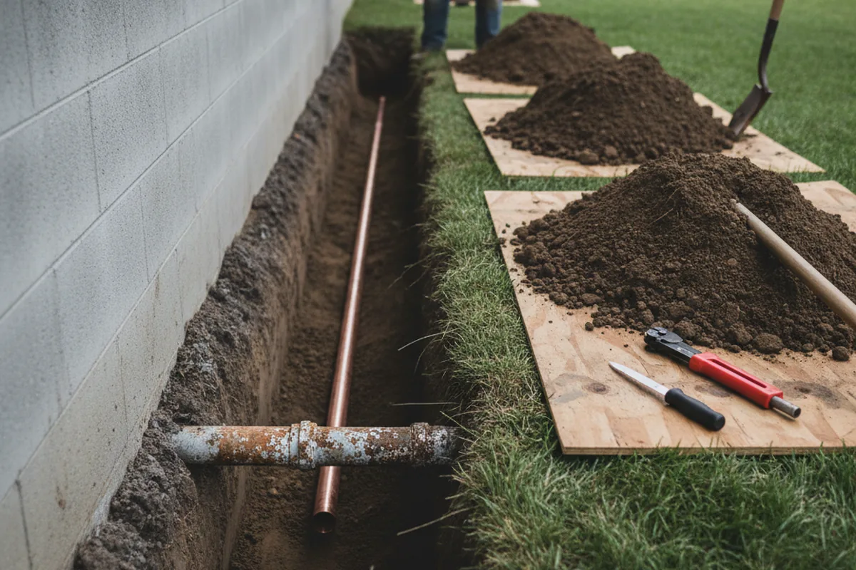 Excavated water line trench during Water Softener Installation in Malta
